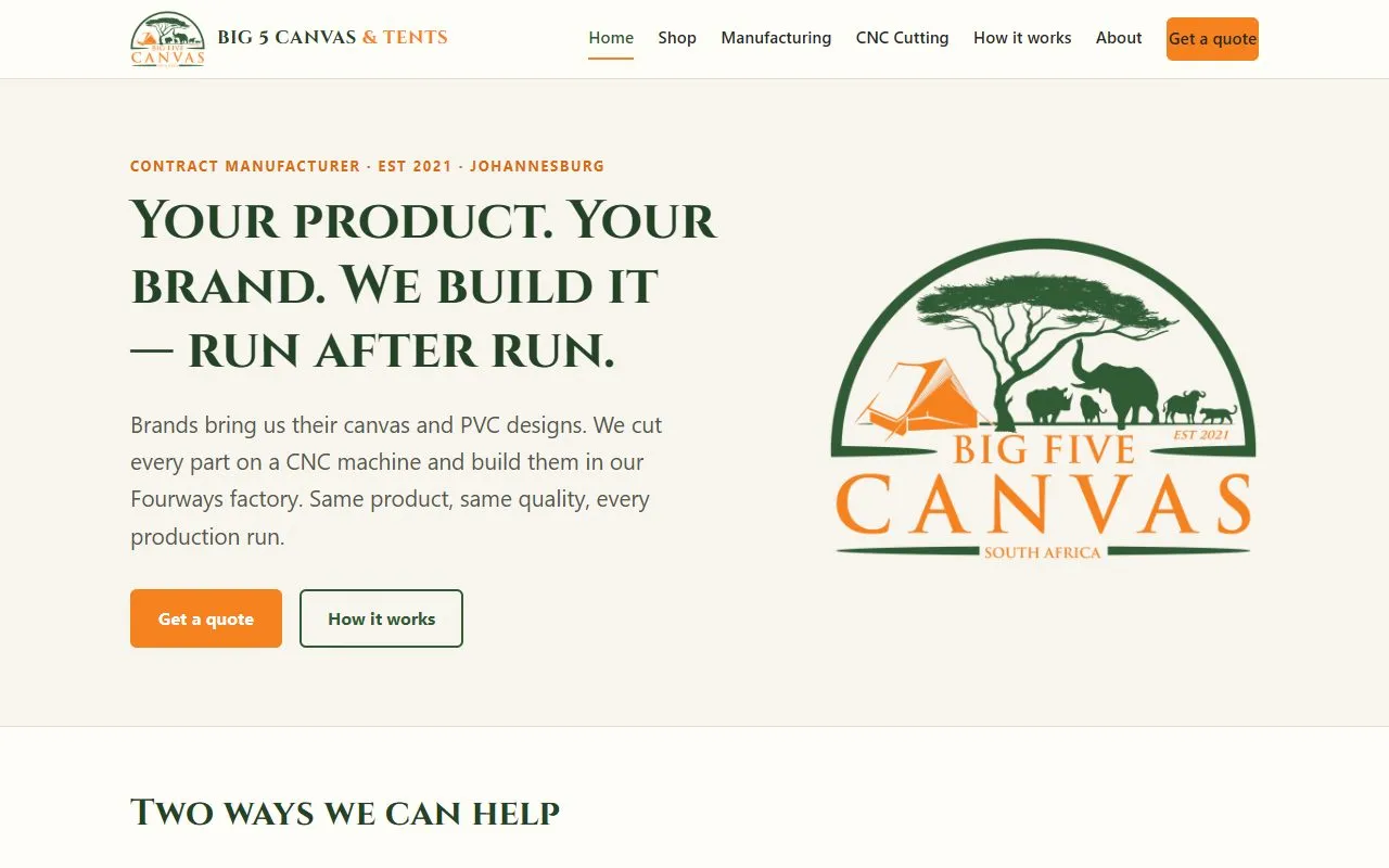 The Big 5 Canvas & Tents website on a desktop