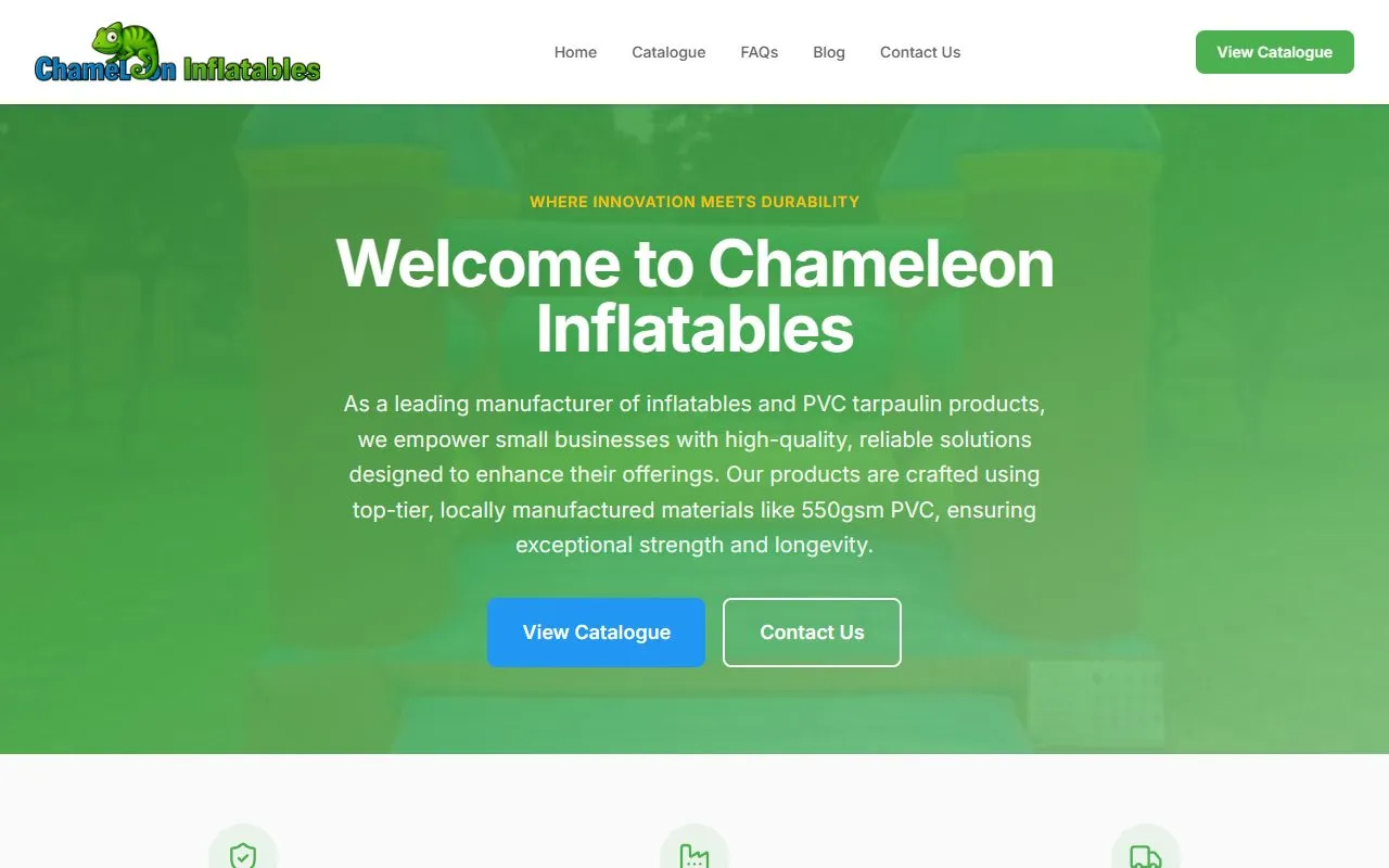 The Chameleon Inflatables website on a desktop