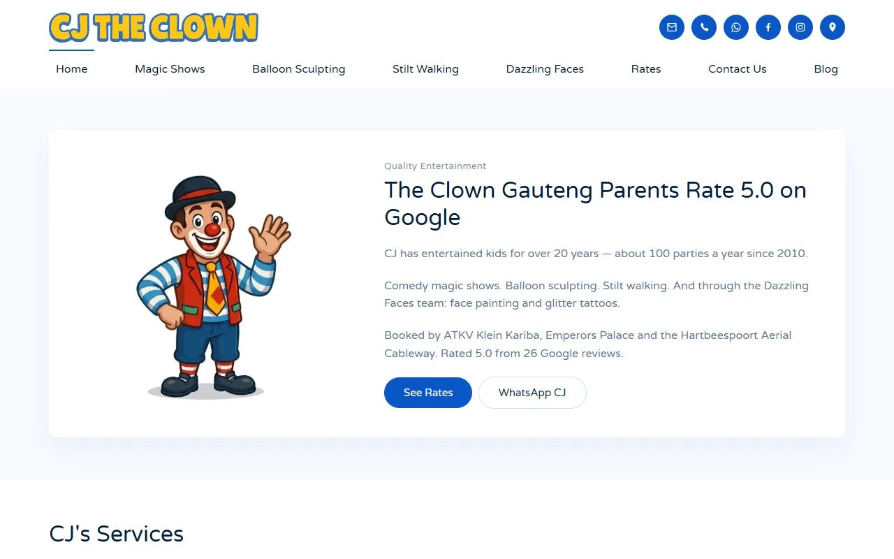 The CJ the Clown website on a desktop