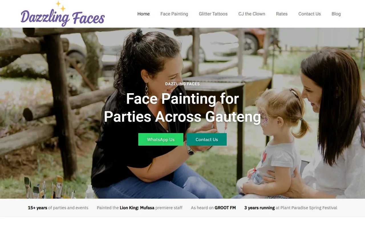 The Dazzling Faces website on a desktop