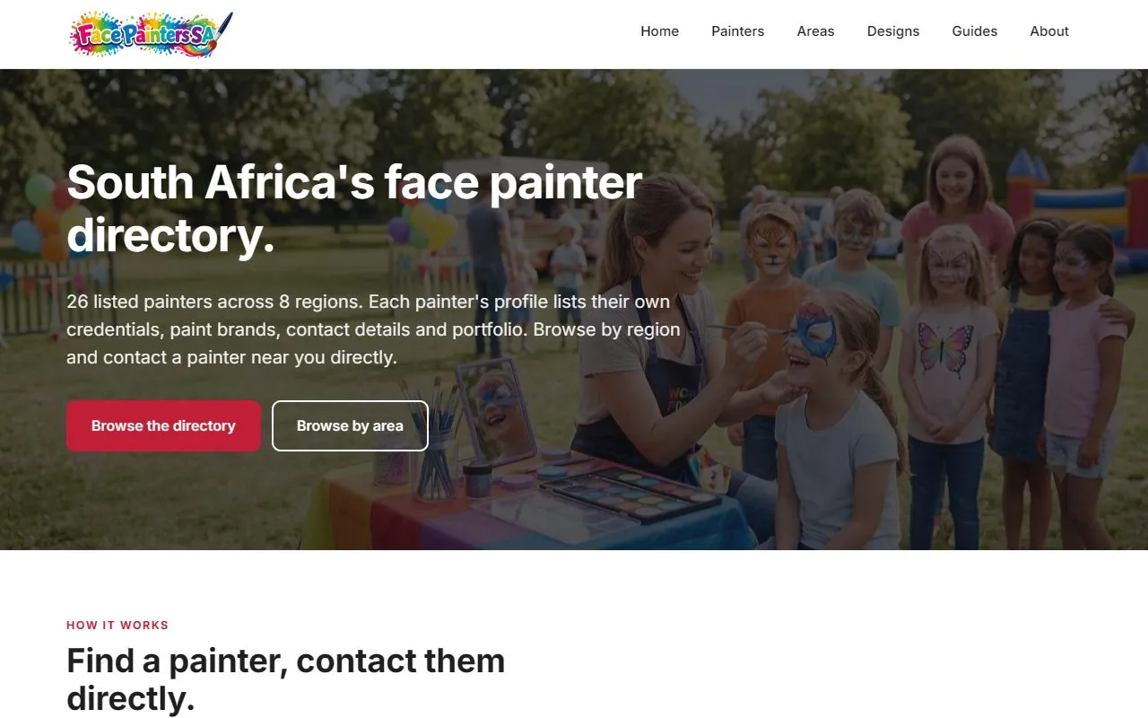 The Face Painters SA website on a desktop
